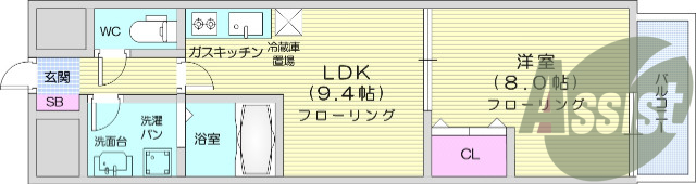1LDK、独立洗面台、都市ガス、光ファイバー