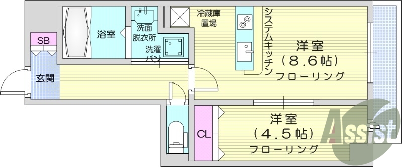 1LDK、角部屋、オートロック、防犯カメラ、温水洗浄便座
