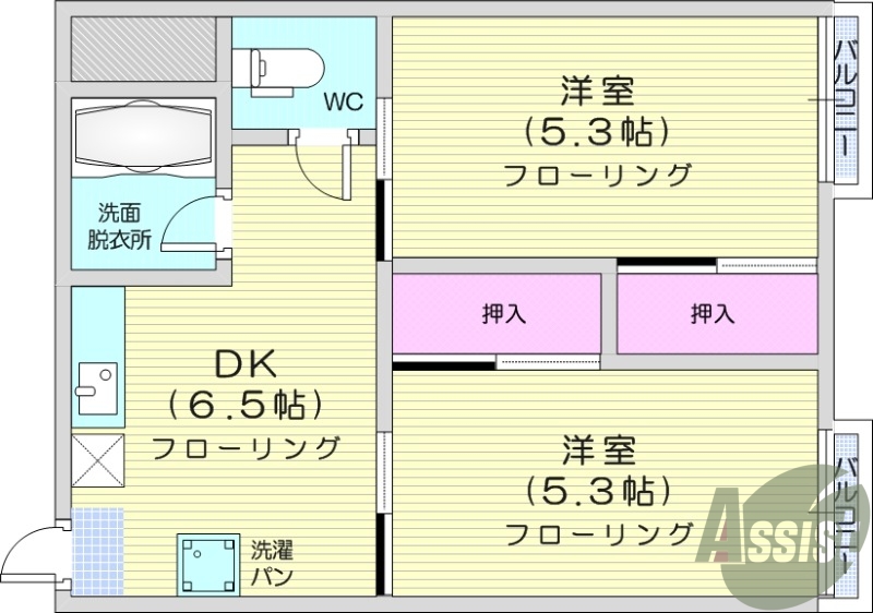 2DK、角部屋、CATVネット無料、敷金・礼金無料