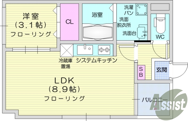 1LDK、ネット無料、浴室乾燥、独立洗面台、オートロック