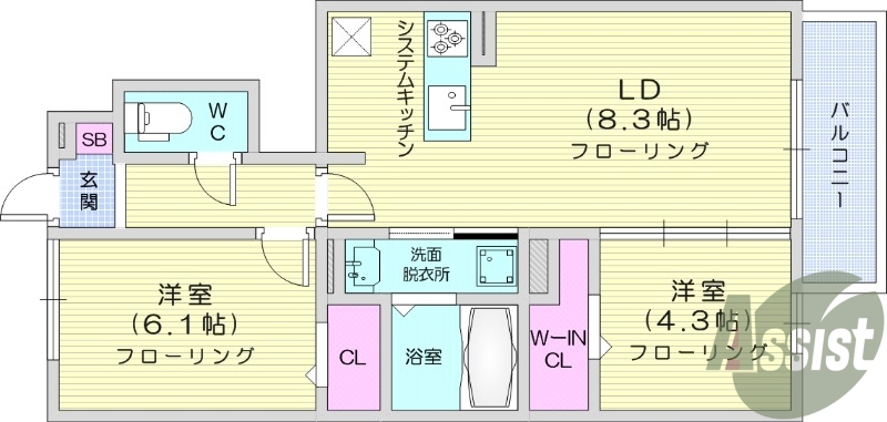 2LDK　独立洗面台　対面キッチン　インターネット無料