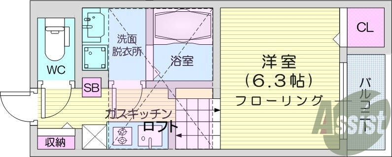 1R、エアコン、室内洗濯機置き場、トイレ浴室別、収納