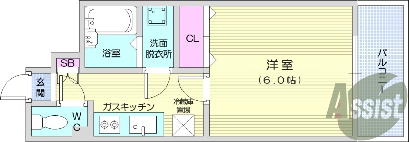 1K、エアコン、フローリング、室内洗濯機置場