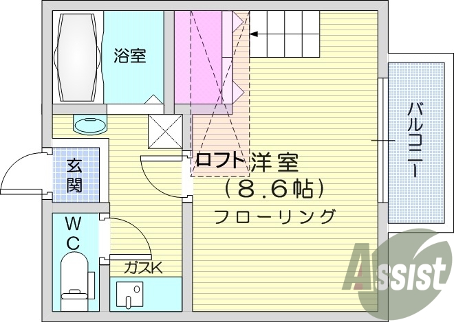 1K、ロフト、バルコニー、バストイレ別、ガスキッチン