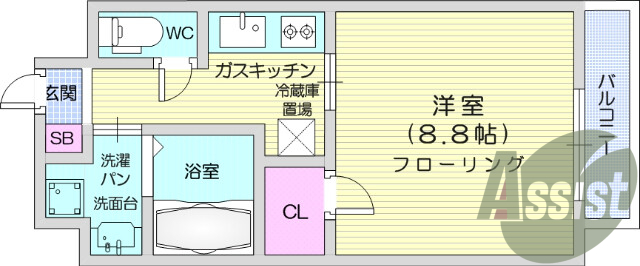 1K、バストイレ別、ウォークインクローゼット。