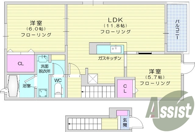2LDK、浴室乾燥機、追い焚き給湯、複層ガラス、バストイレ別