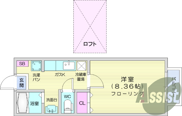 1K、ロフト付き、ネット無料、ペアガラス、敷地内駐車場、給湯