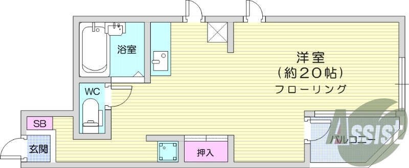 1R、角部屋、モニター付きインターフォン、バストイレ別
