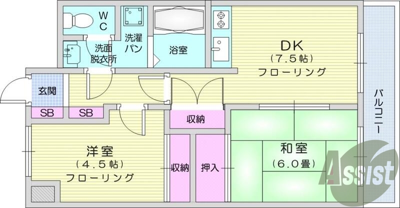 2DK、バストイレ別、閑静な住宅街でオートロック付き物件。