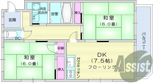 2DK、独立洗面台、ウォシュレット機能、シューズボックス