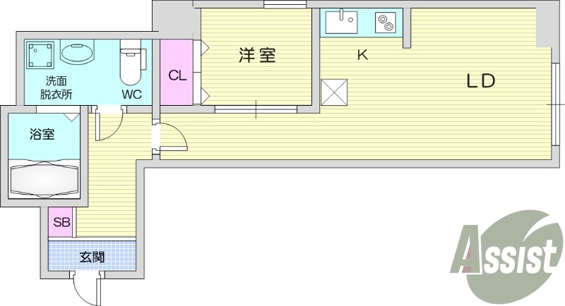 1LDK、エアコン、システムキッチン、追い焚き