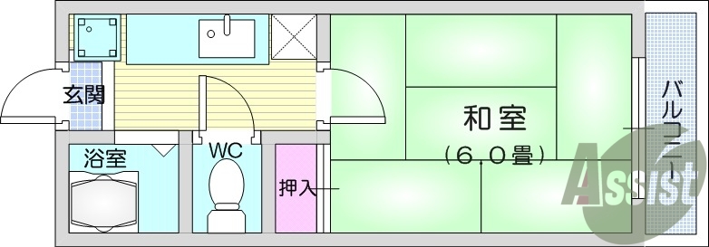 1Ｋ、和室6帖、バストイレ別、エアコン付き