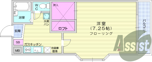 1K、エアコン、カメラ付きインターホン、ロフト