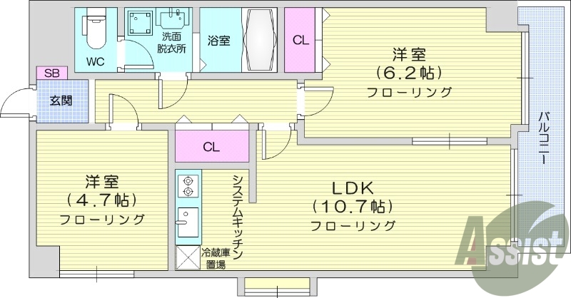 2LDK、モニター付きオートロック、エレベータ付