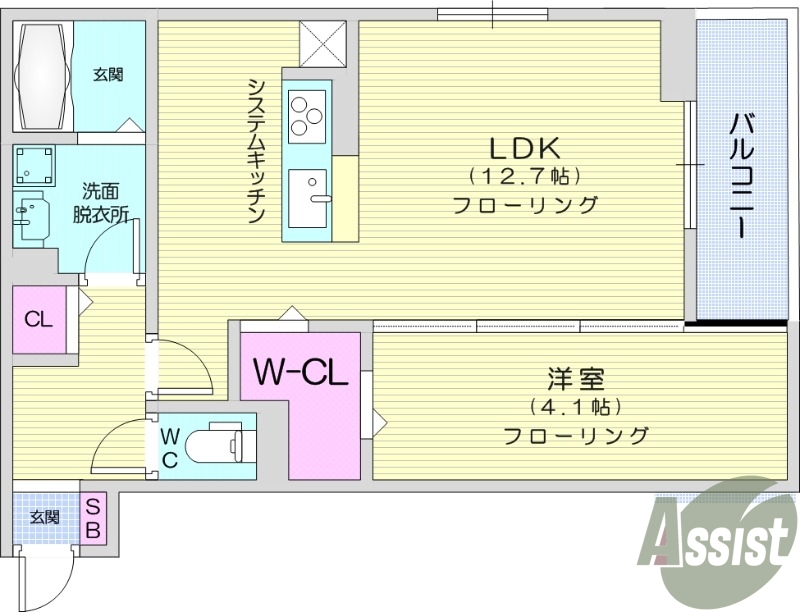 1LDK、バルコニー、ウォークインクローゼット、追い焚き機能