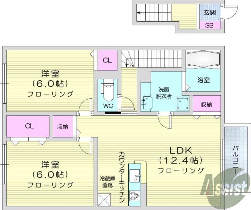 2LDK、インターネット無料、システムキッチン