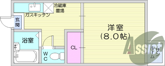 1K、フローリング、バストイレ別、エアコン