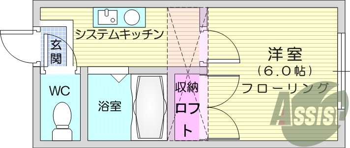 1K、ロフト、モニター付きインターホン、エアコン、給湯