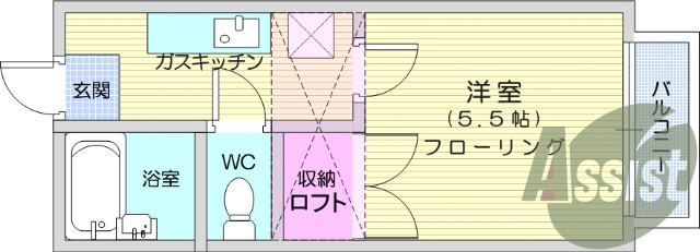 1K、ロフト付き、モニターホン、バス、トイレ別