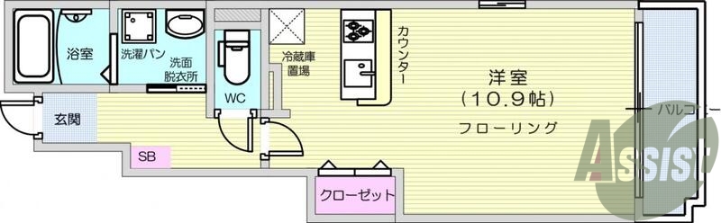 1K、バス・トイレ別、カウンターキッチン、バルコニー