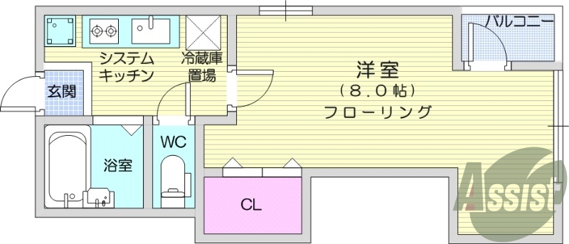1K、エアコン、システムキッチン、バストイレ別
