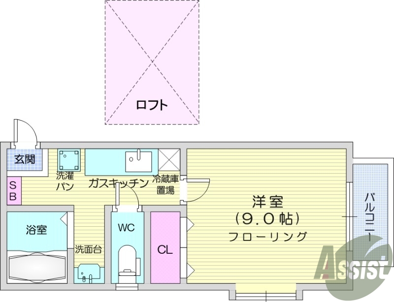 1K、フローリング、給湯、バルコニー、シャンプードレッサー