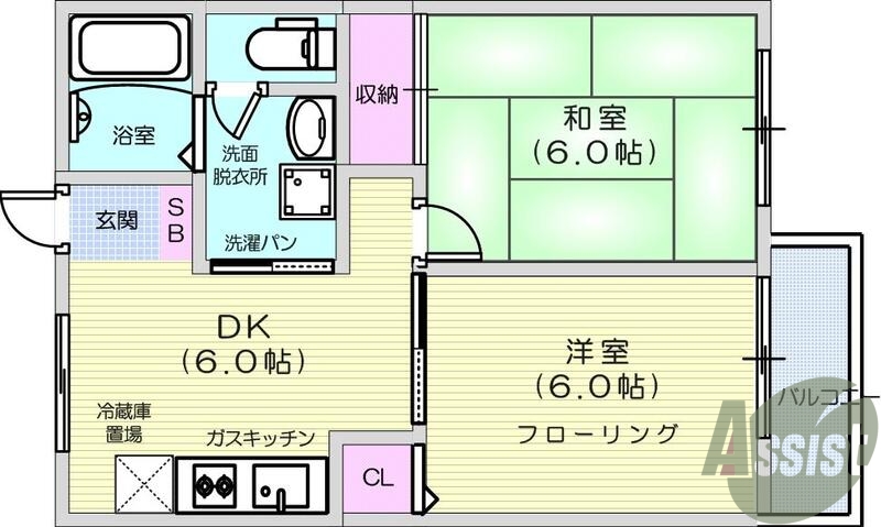 2DK、南向き、バス・トイレ別、エアコン、バルコニー