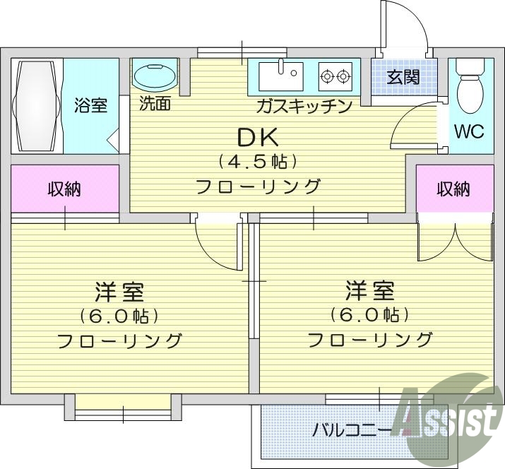 2k、バス、トイレ別、エアコン、洗髪洗面化粧台