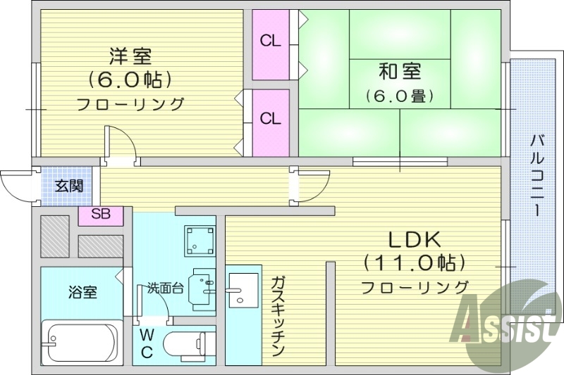 2LDK、エアコン、バストイレ別、プロパン