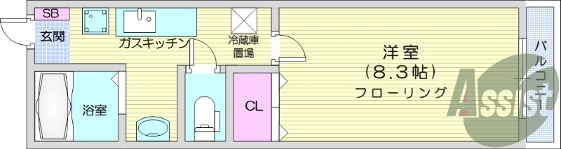 1K、エアコン、バストイレ別、室内洗濯機置き場