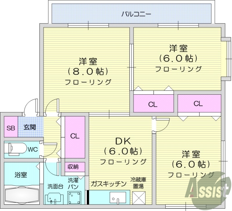 ３DK、角部屋、独立洗面台、フローリング、エアコン、南向き