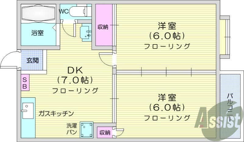 2DK、駐車場無料、日当たり良好　　　　