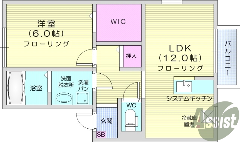 1LDK、ウォークインクローゼット、追い焚き機能付き