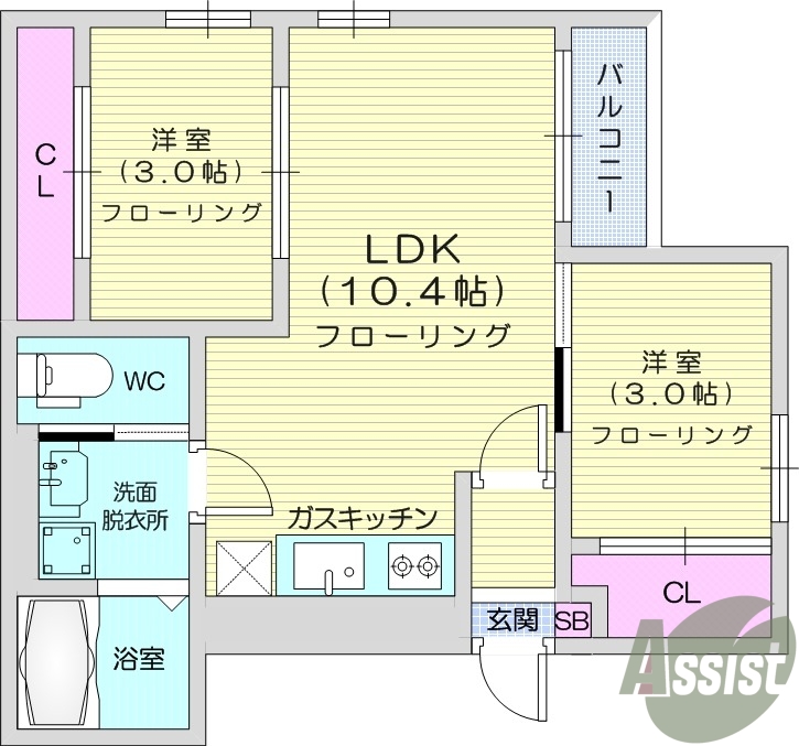 2LDK、インターネット無料、オートロック、浴室乾燥、