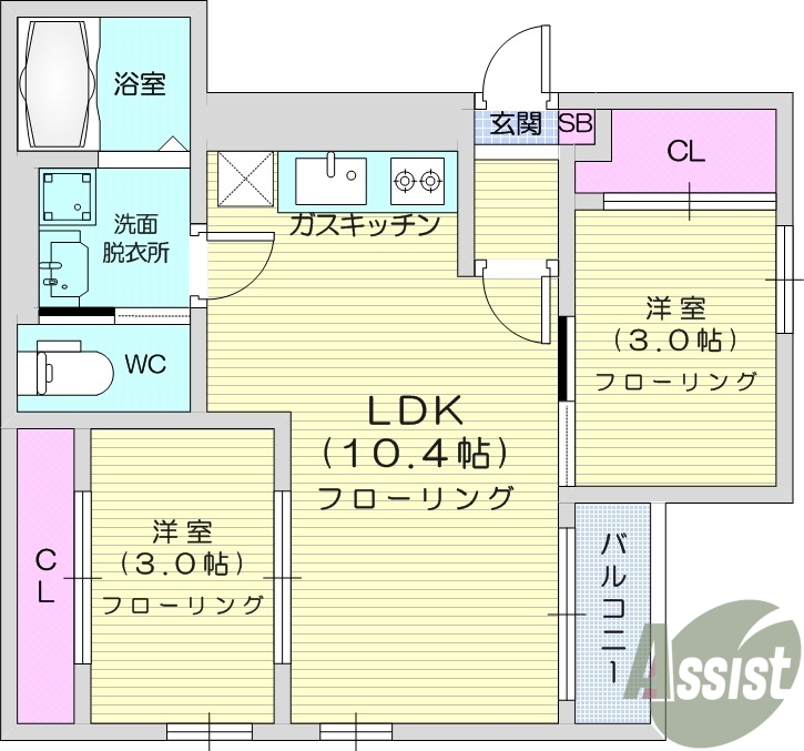 2LDK、インターネット無料、オートロック、浴室乾燥、