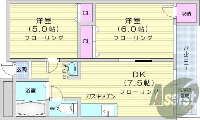 2dk、シューズボックス、独立洗面台、エアコン