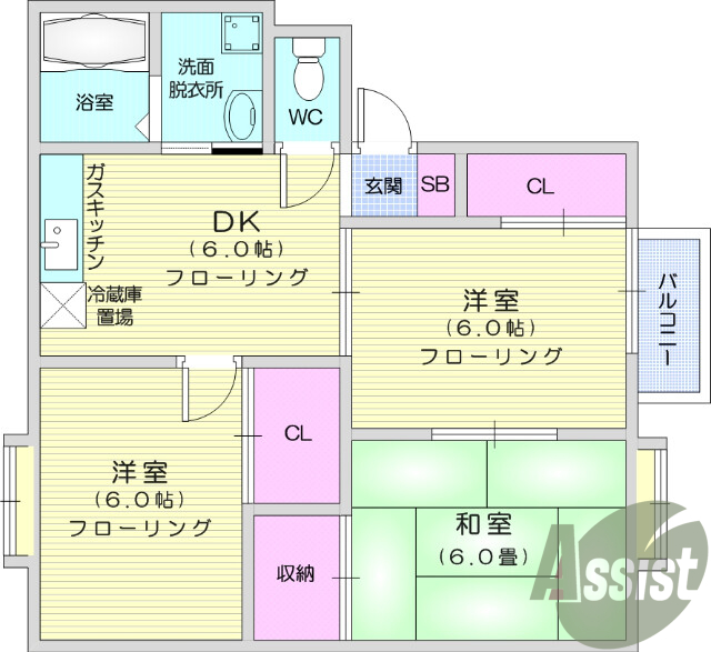 3DK、バストイレ別、独立洗面台、給湯、フローリング