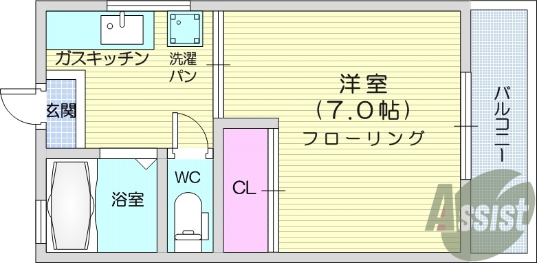 1K、フローリング、エアコン、クローゼット、バルコニー