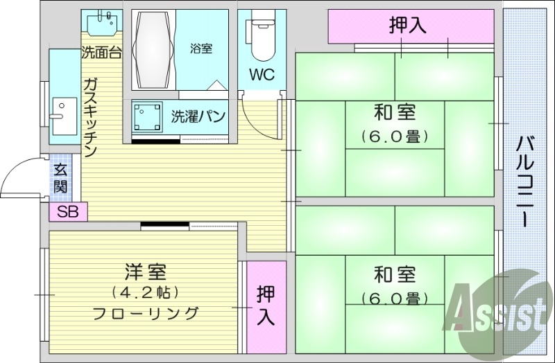 3K、和室、追い焚き、東向き、エアコン、フローリング、給湯
