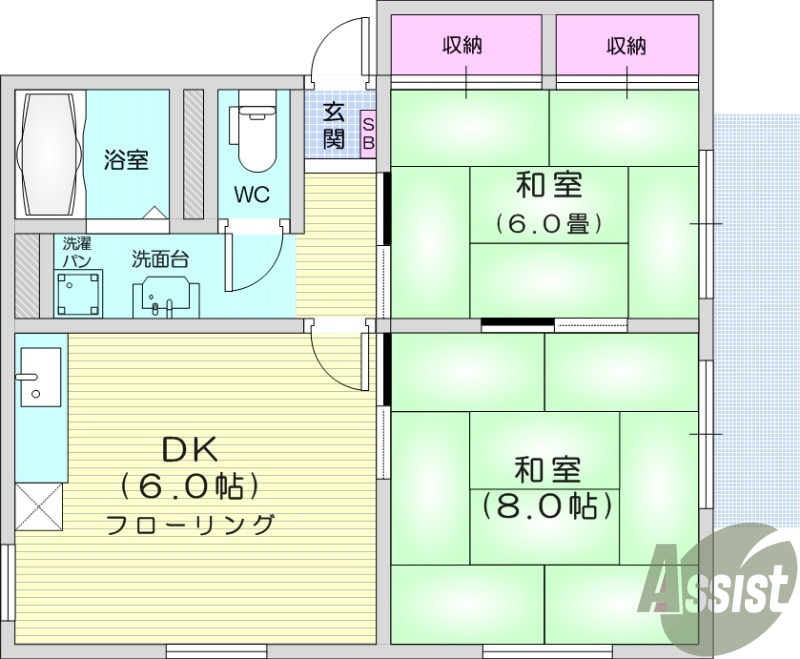 2DK、独立洗面台、エアコン、ウォシュレット、BS、CS