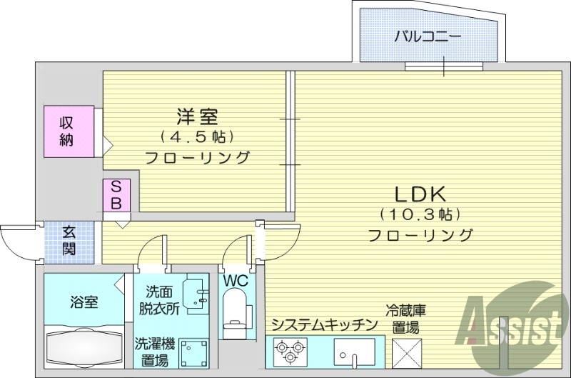 1LDK、バストイレ別、エアコン、オートロック、バルコニー