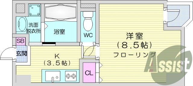 1K、都市ガス、光ファイバー、バストイレ別