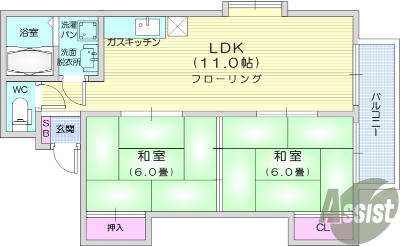 2LDK、エアコン、室内洗濯機置場、トイレ浴室別、収納