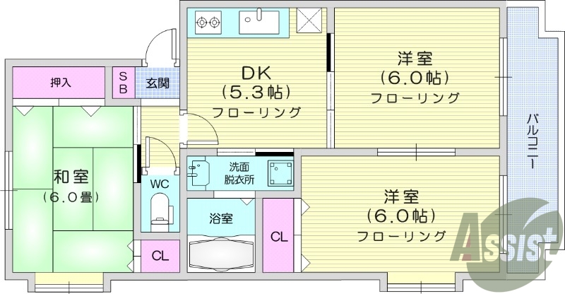 3DK、追い炊き機能、独立洗面台、エアコン