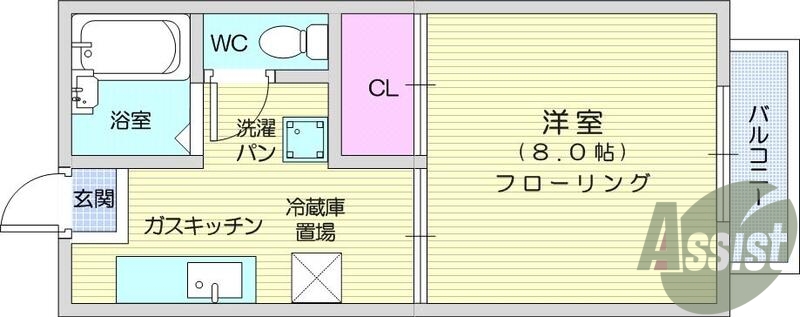 １K、バストイレ別、エアコン、バルコニー、フローリング
