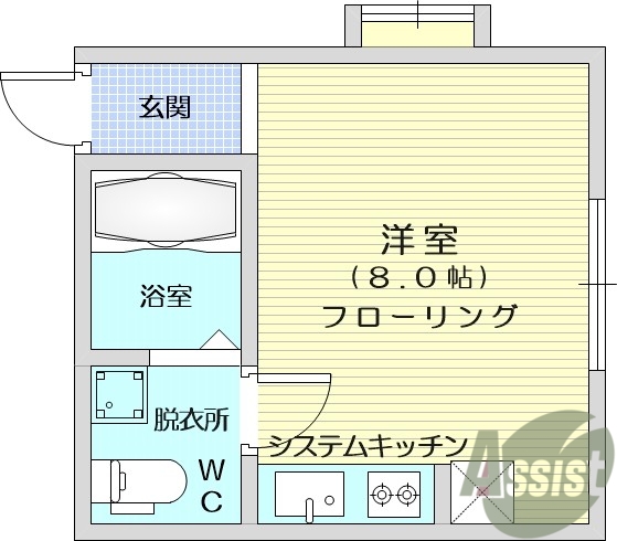 1R、家具家電付き、西向き、バストイレ別、フリーリング