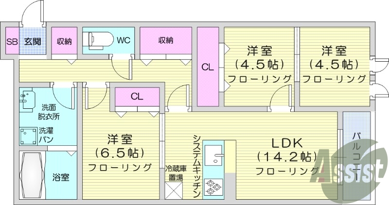 3LDK、モニター付きインターホン、バストイレ別