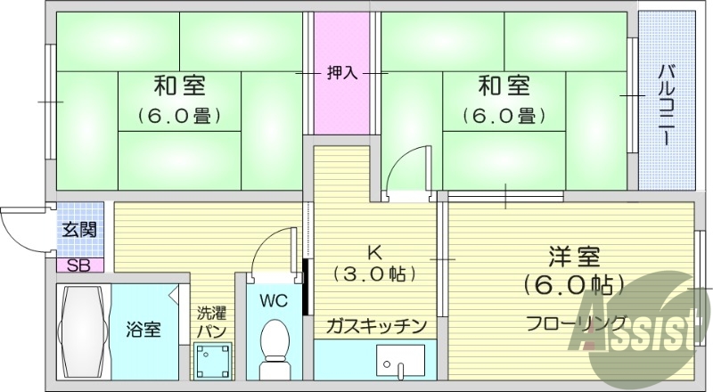 3K、エアコン、室内洗濯機置場、トイレ浴室別、収納