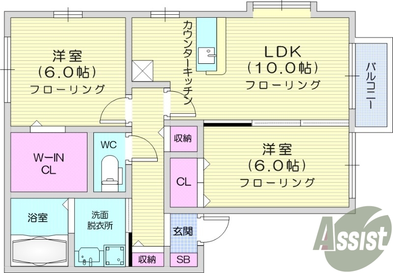 2LDK、独立洗面化粧台、バルコニー、追い炊き機能