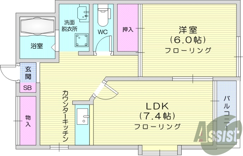1LDK　独立洗面台　都市ガス　駐車場2台　ペット相談可